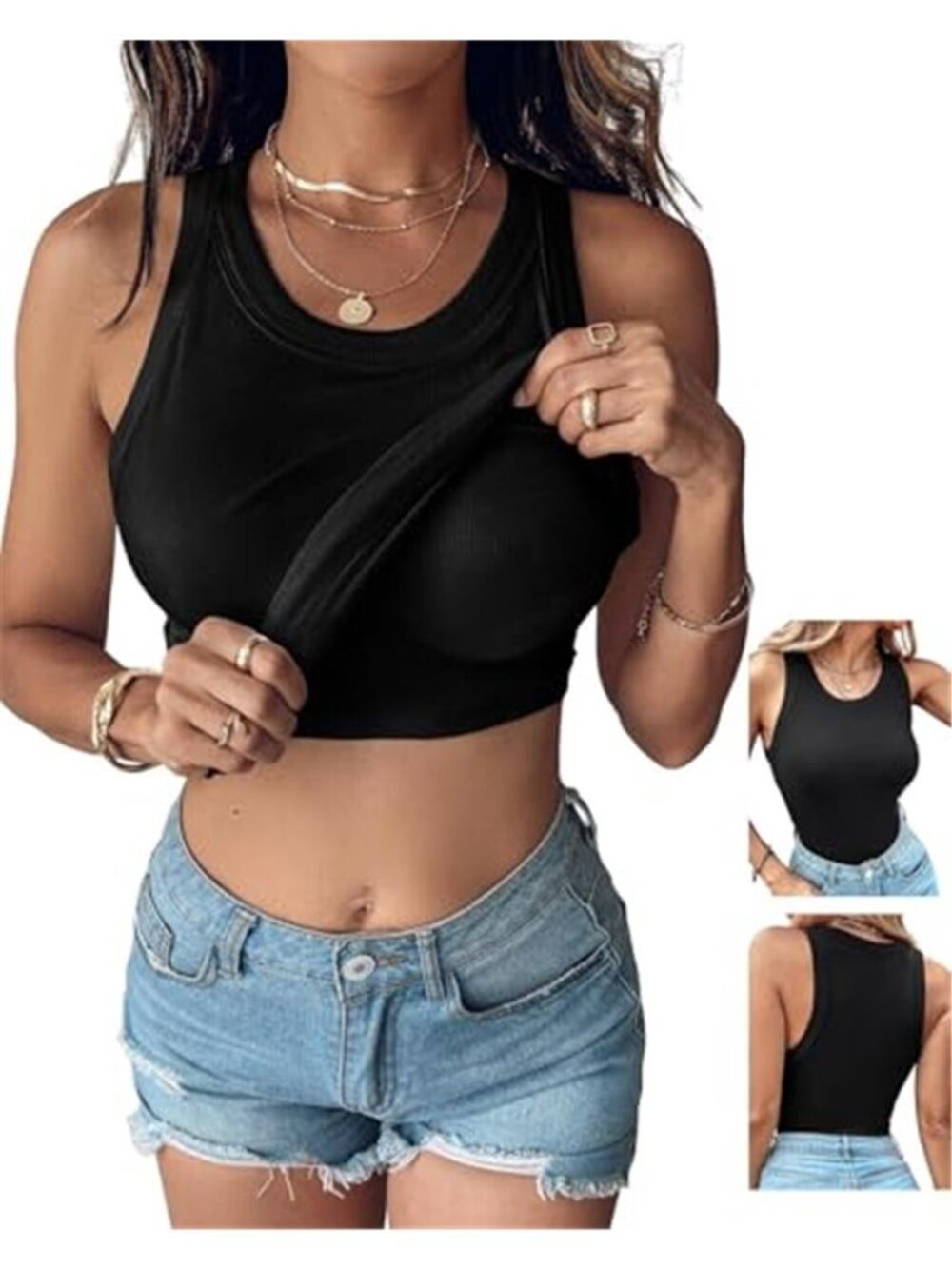 Black Ribbed Tank Top Built-In Bra Racerback Fitted Crop Top